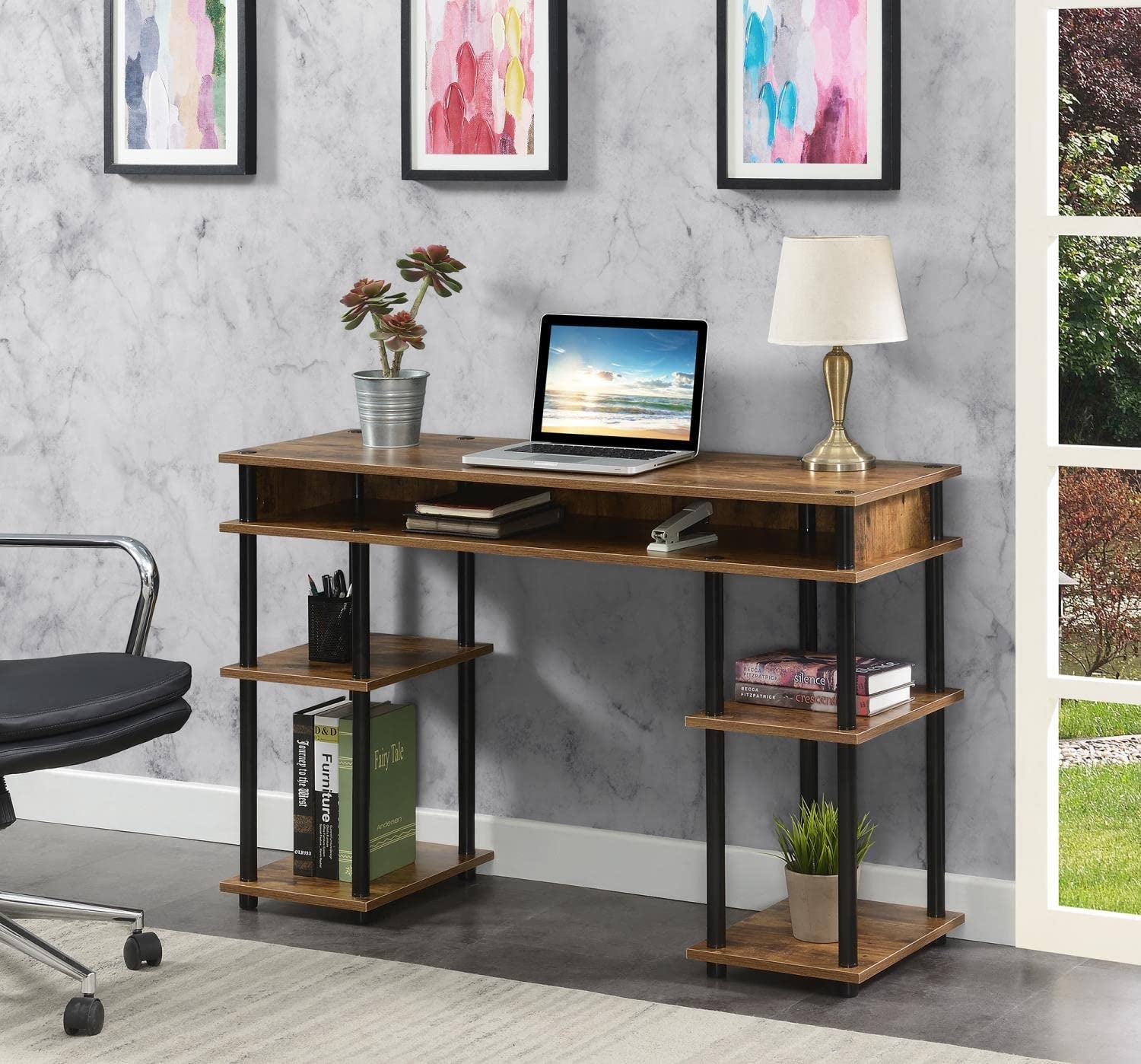Barnwood Black Student Desk With Shelves 47 Inch No Tools