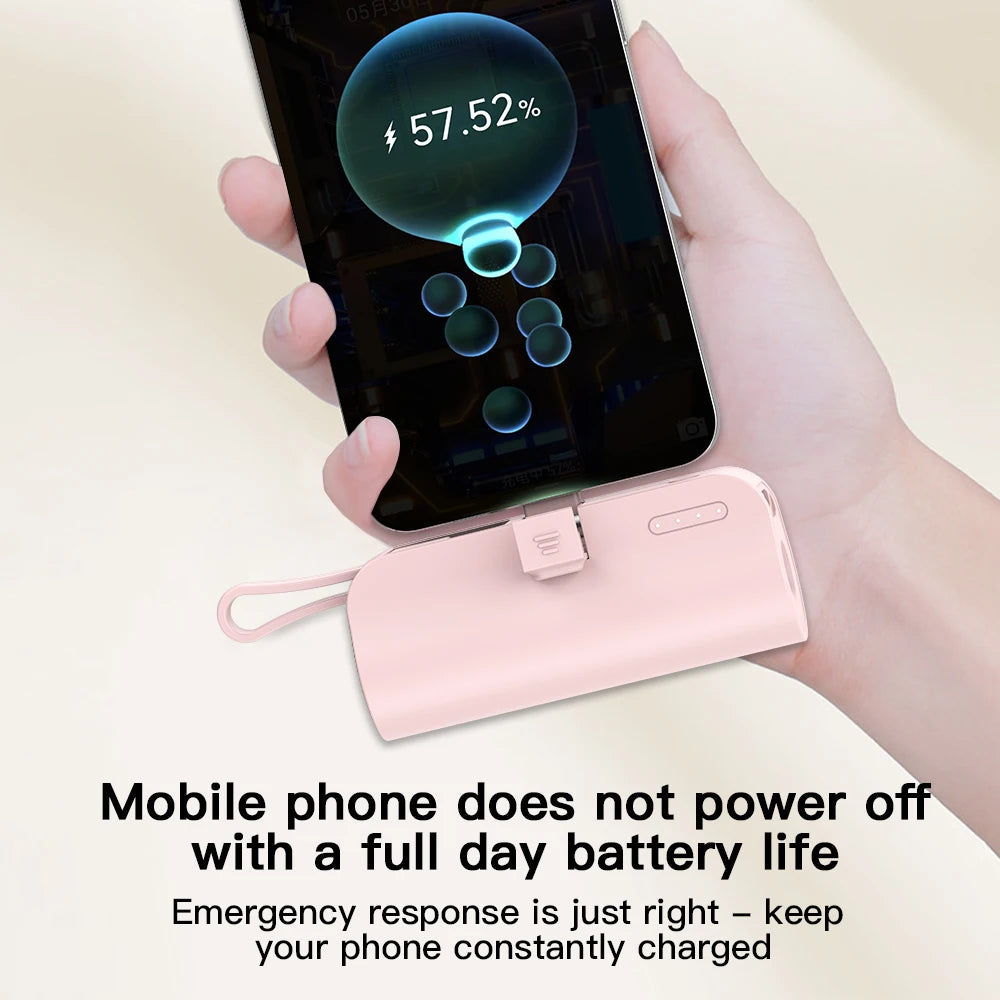Mini portable 5000mAh power bank with built-in cable charging port,