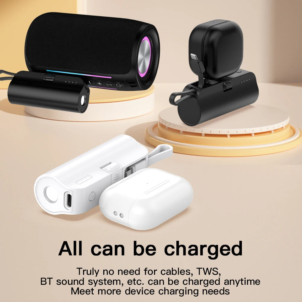 Mini portable 5000mAh power bank with built-in cable charging port,