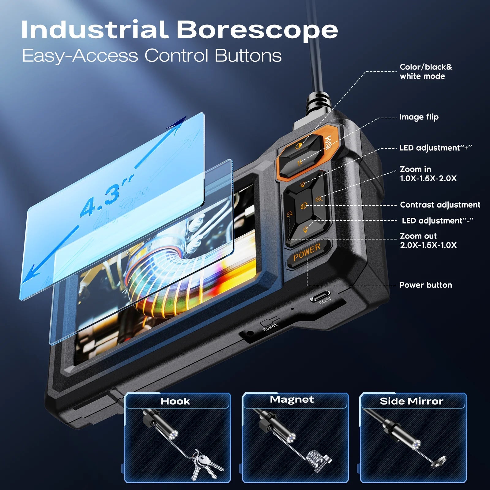 4.3 Inch Industrial Endoscope Camera HD1920P 16.5TF Single Lens Pipe