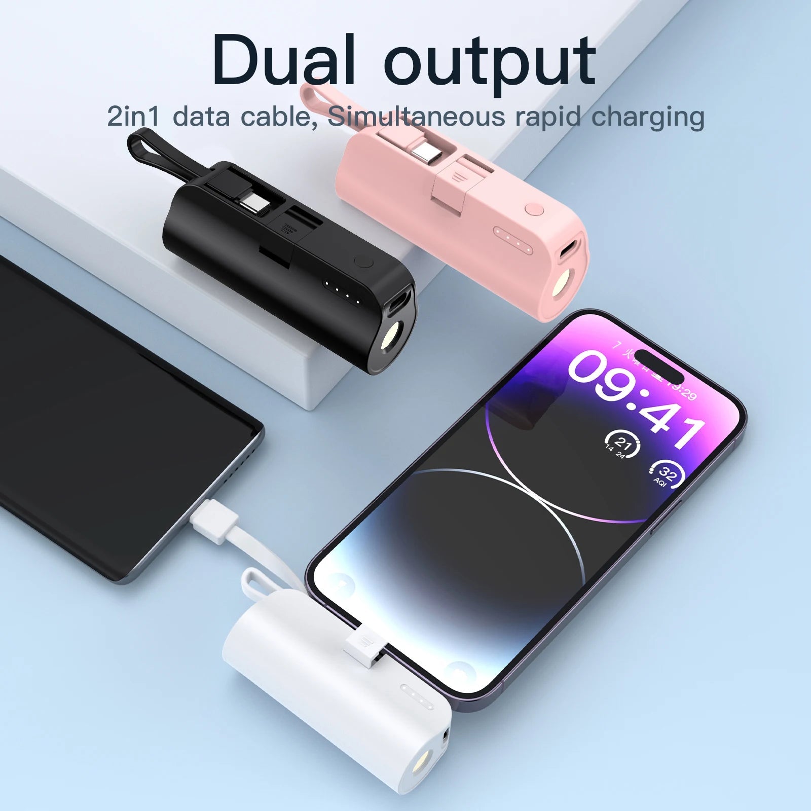 Mini portable 5000mAh power bank with built-in cable charging port,