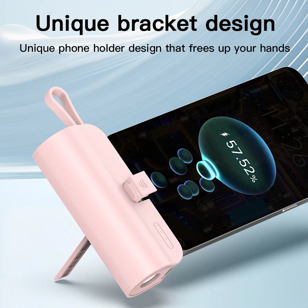 Mini portable 5000mAh power bank with built-in cable charging port,