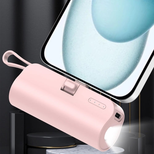 Mini portable 5000mAh power bank with built-in cable charging port,