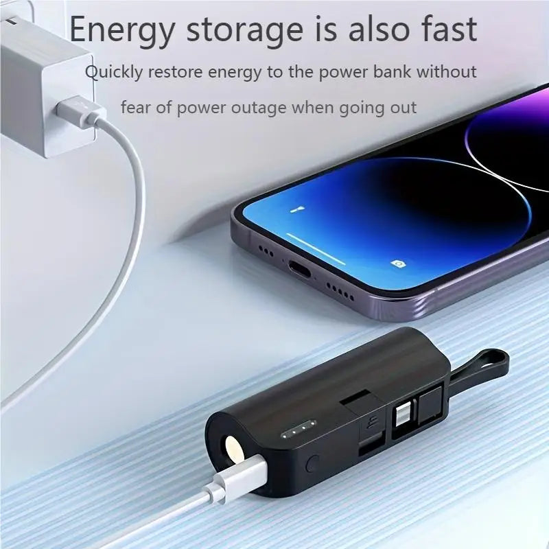 Mini portable 5000mAh power bank with built-in cable charging port,