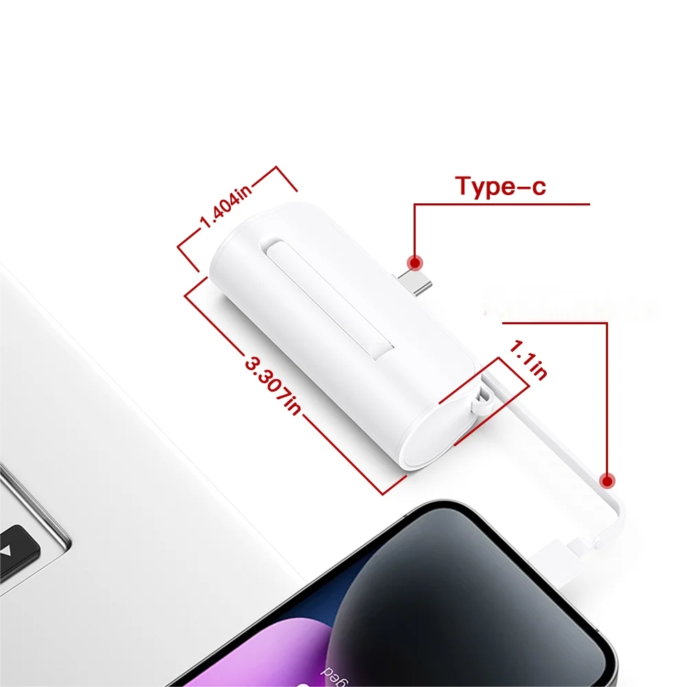 Mini portable 5000mAh power bank with built-in cable charging port,