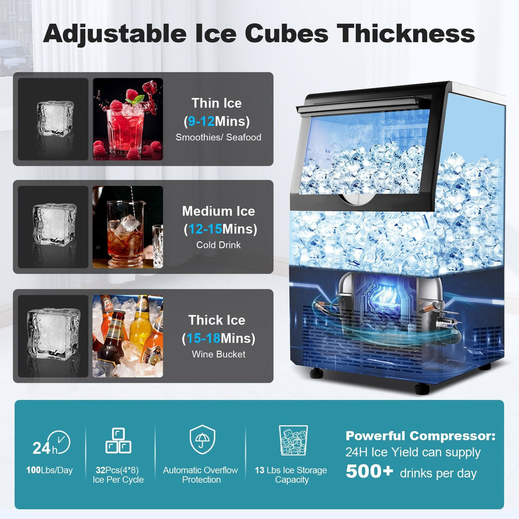 Commercial Ice Maker 100-150lbs/24H Ice Maker Machine, Auto