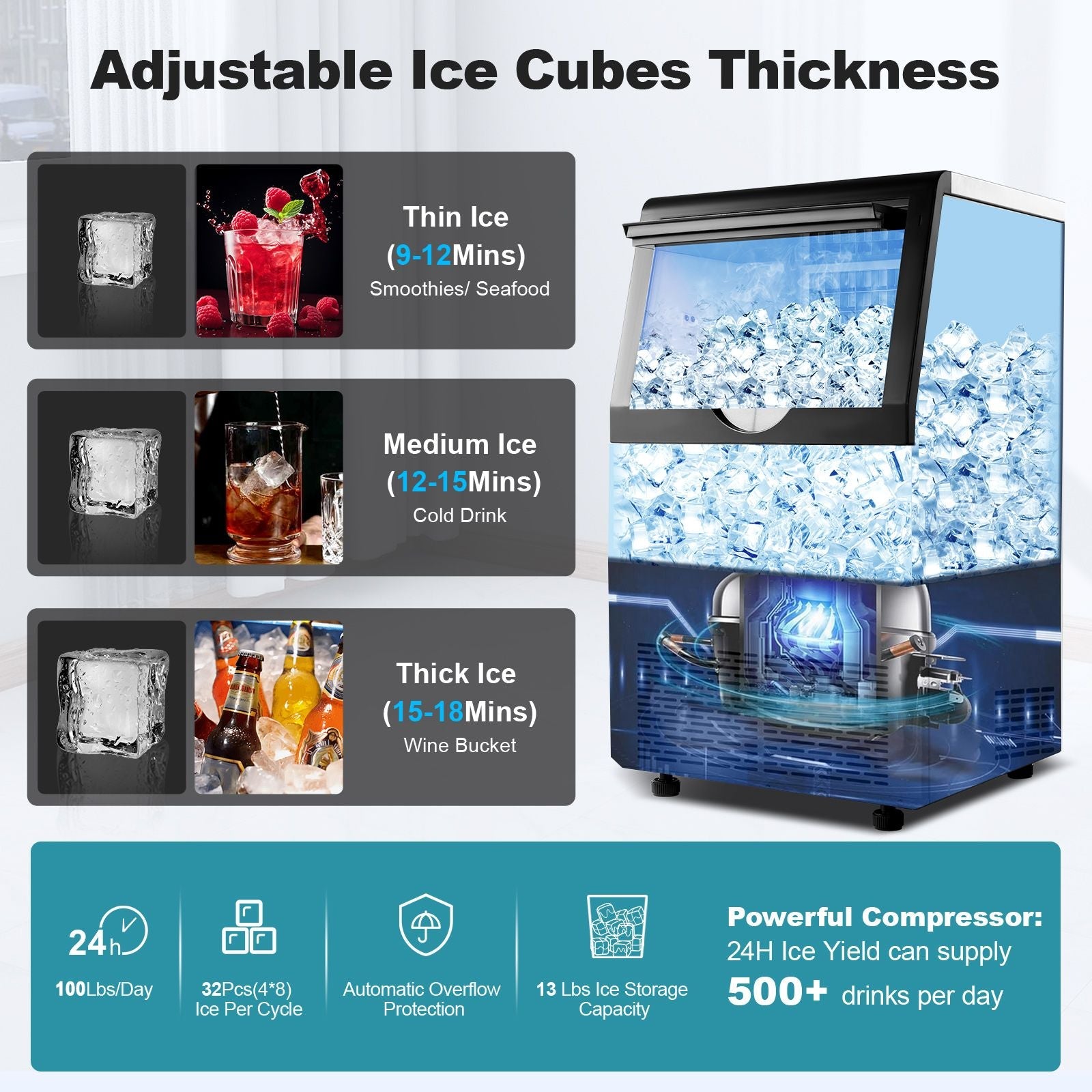Commercial Ice Maker 100-150lbs/24H Ice Maker Machine, Auto