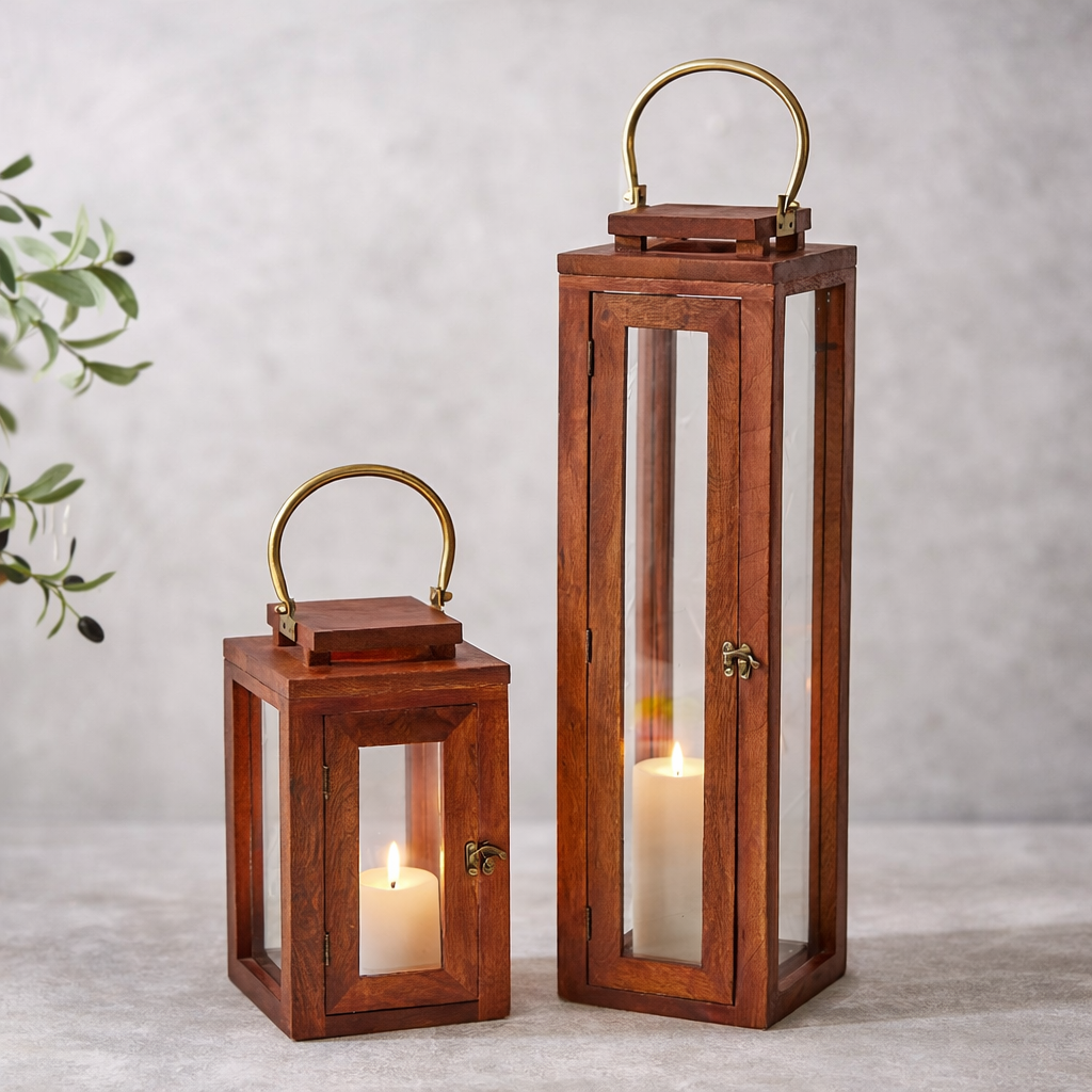 Wooden Lantern Candle Holder Set of 2