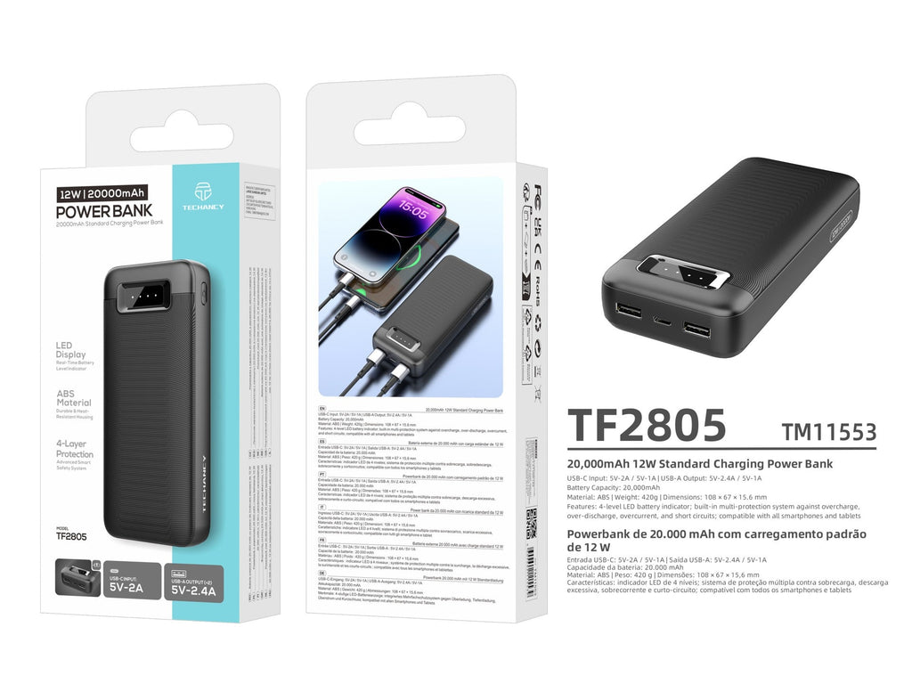 Techancy Power Bank 20000mAh TF2805 12W com USB-C e 2 USB, Indicador
