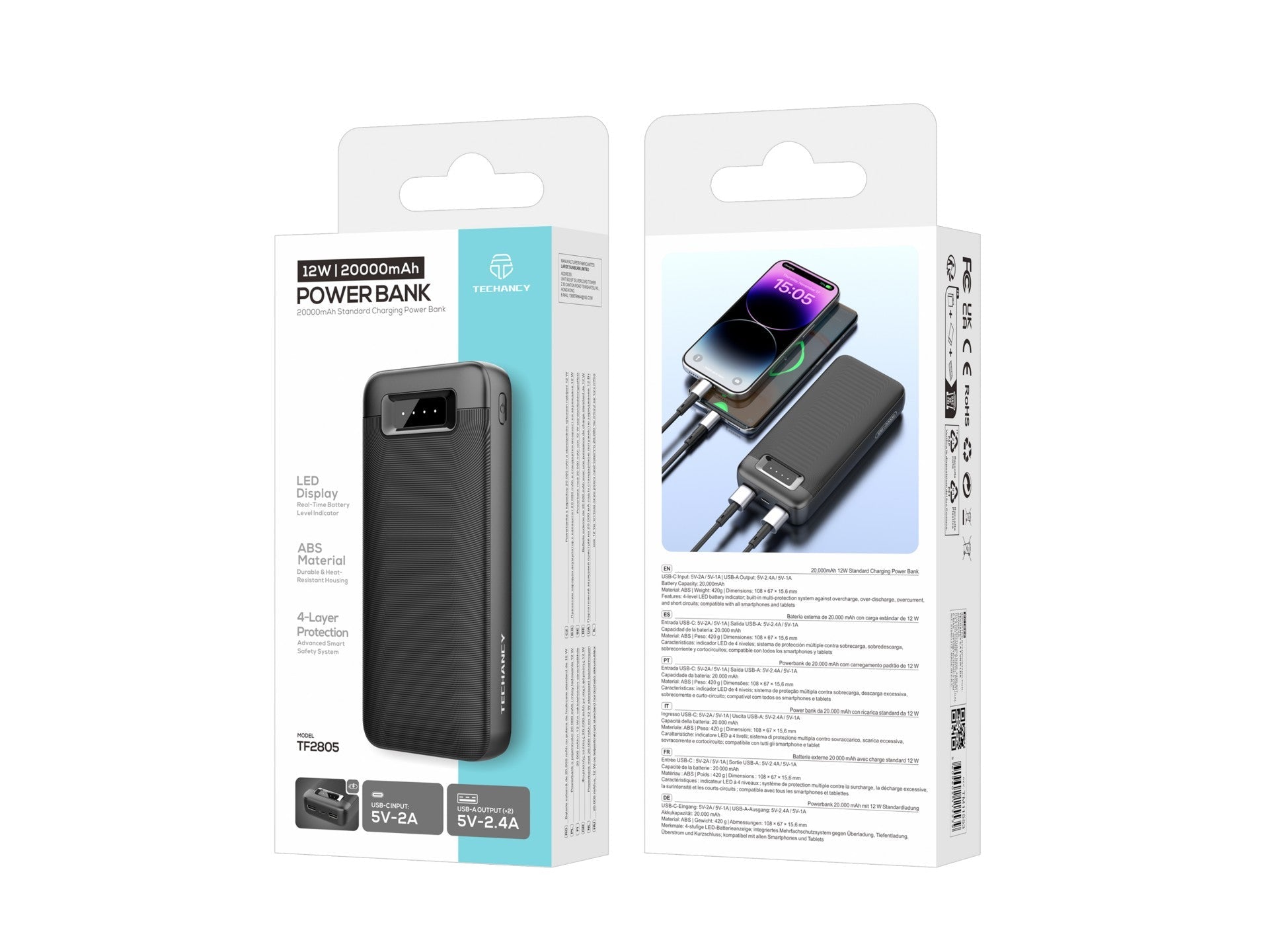 Techancy Power Bank 20000mAh TF2805 12W com USB-C e 2 USB, Indicador