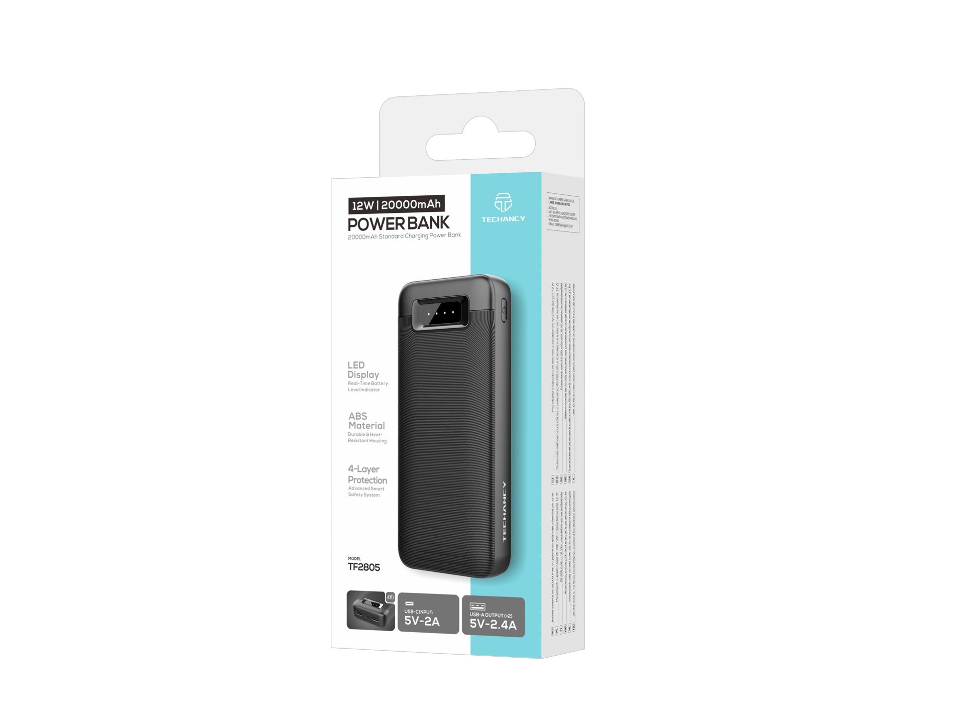 Techancy Power Bank 20000mAh TF2805 12W com USB-C e 2 USB, Indicador