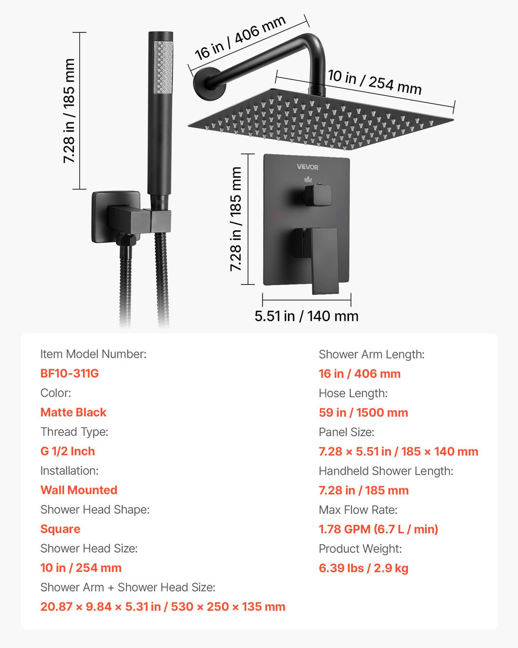 Shower Faucet Set, Rainfall Bathroom Shower System with 10-Inch