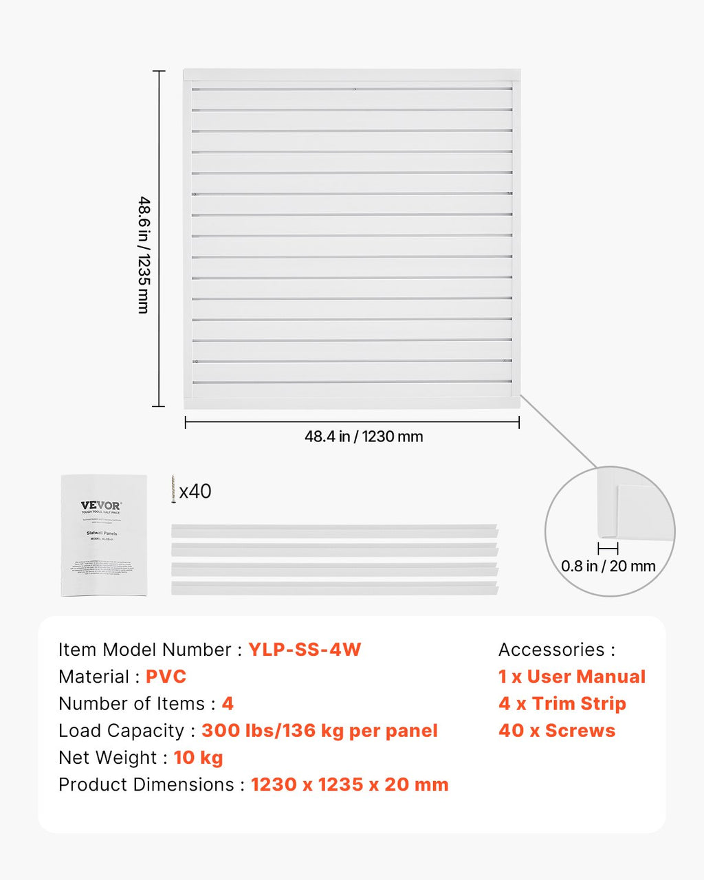 Slat Wall Paneling, 4 x 4 ft, PVC Garage Slatwall with Modular Design,