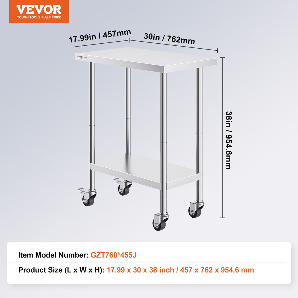 Stainless Steel Work Table 30 x 18 x 38 Inch, with 4 Wheels, 3