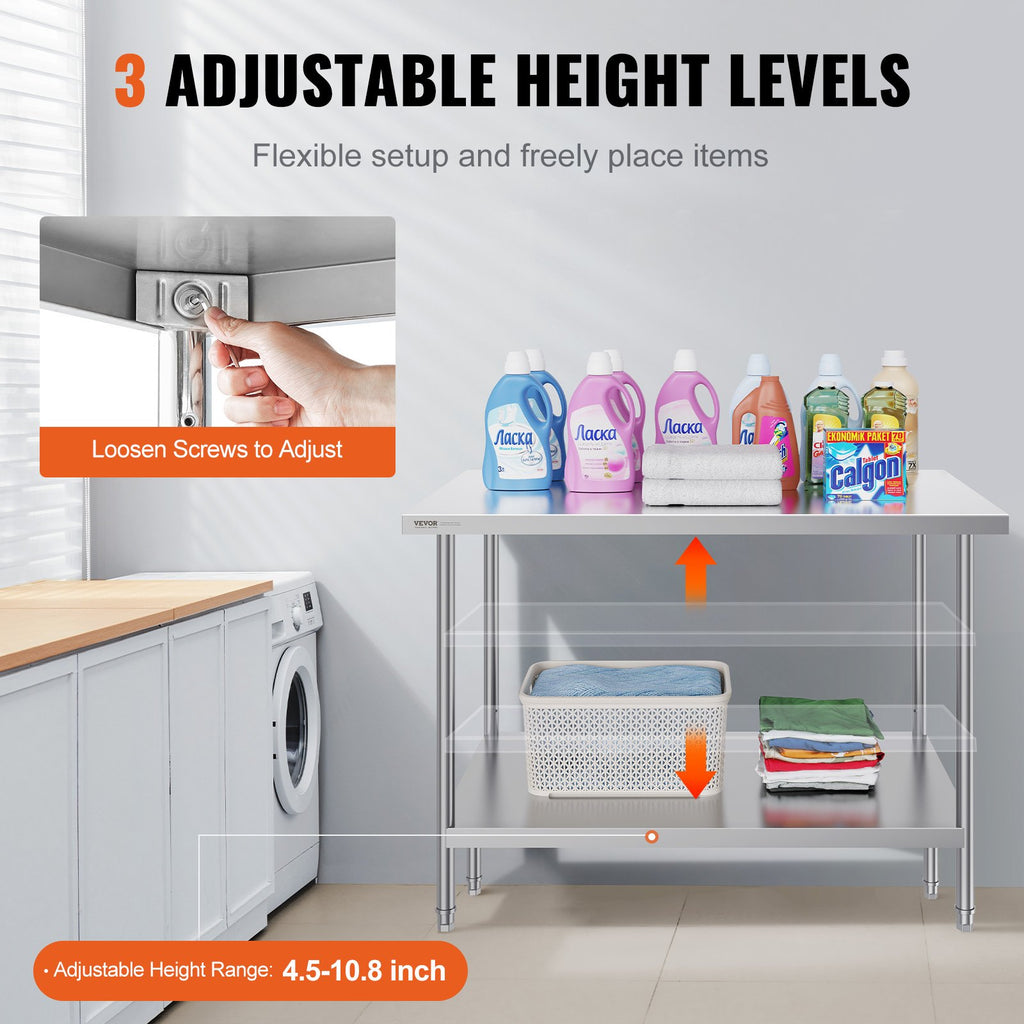 Stainless Steel Prep Table, 30 x 48 x 34 Inch, Heavy Duty Metal