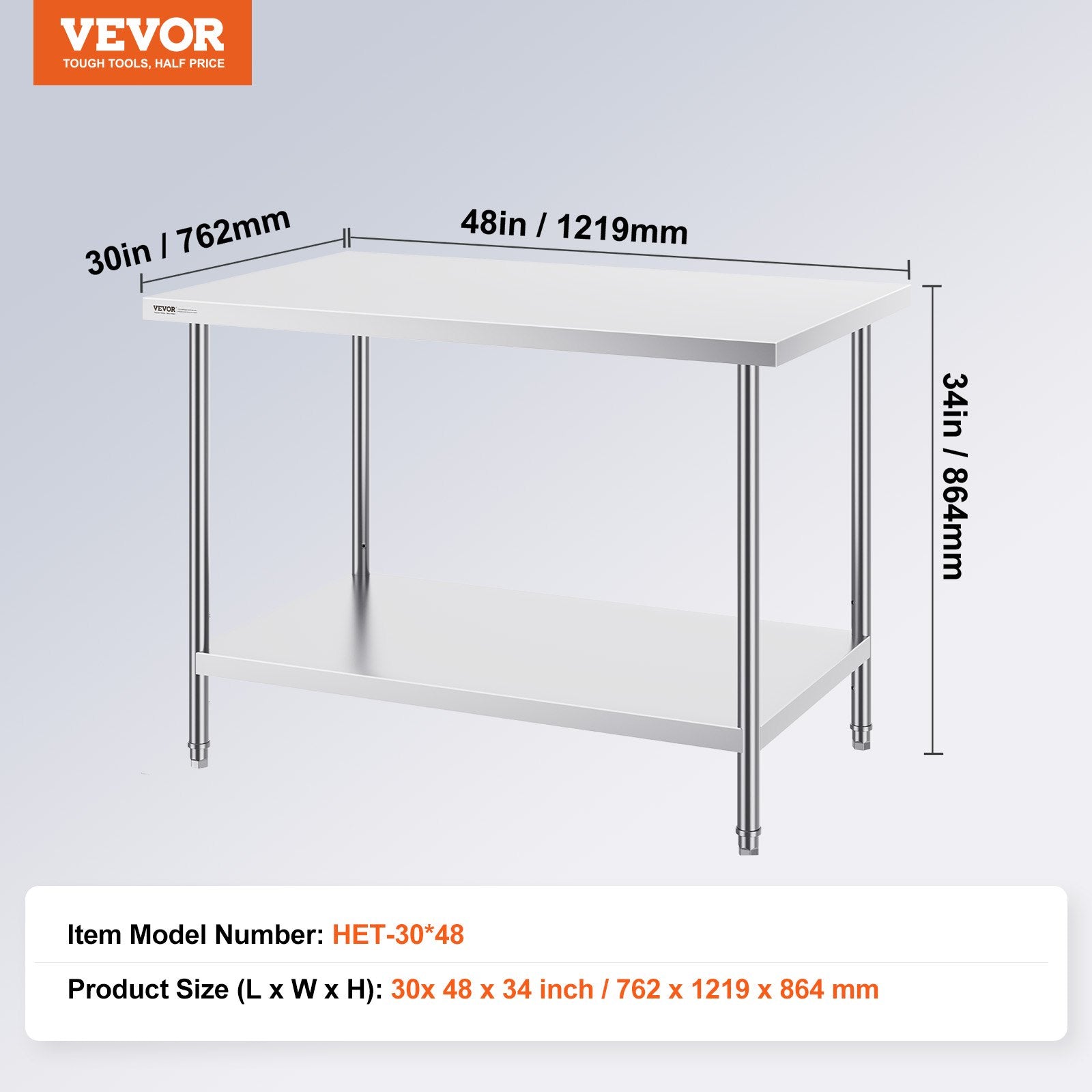 Stainless Steel Prep Table, 30 x 48 x 34 Inch, Heavy Duty Metal