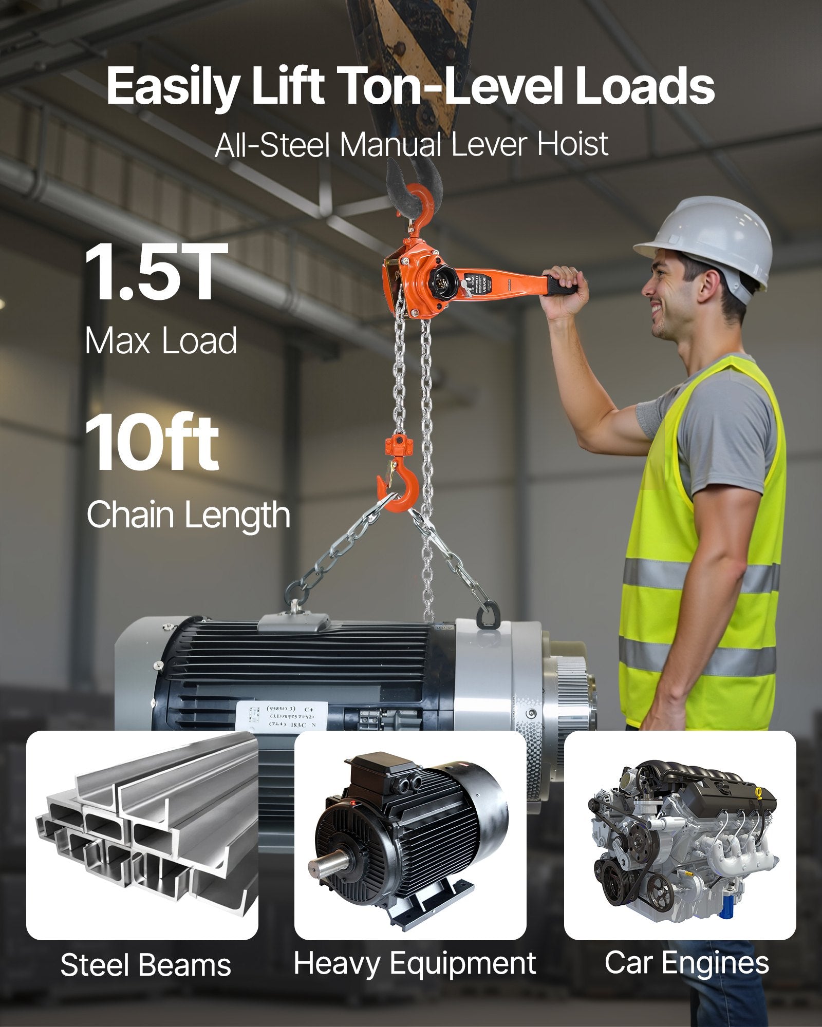 Manual Lever Chain Hoist, 1-1/2T 1500KG Capacity Heavy Duty Come