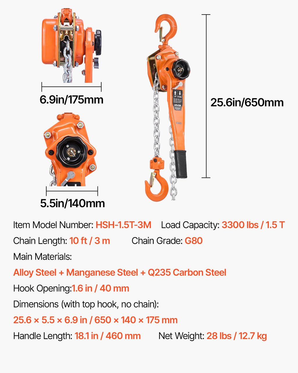 Manual Lever Chain Hoist, 1-1/2T 1500KG Capacity Heavy Duty Come