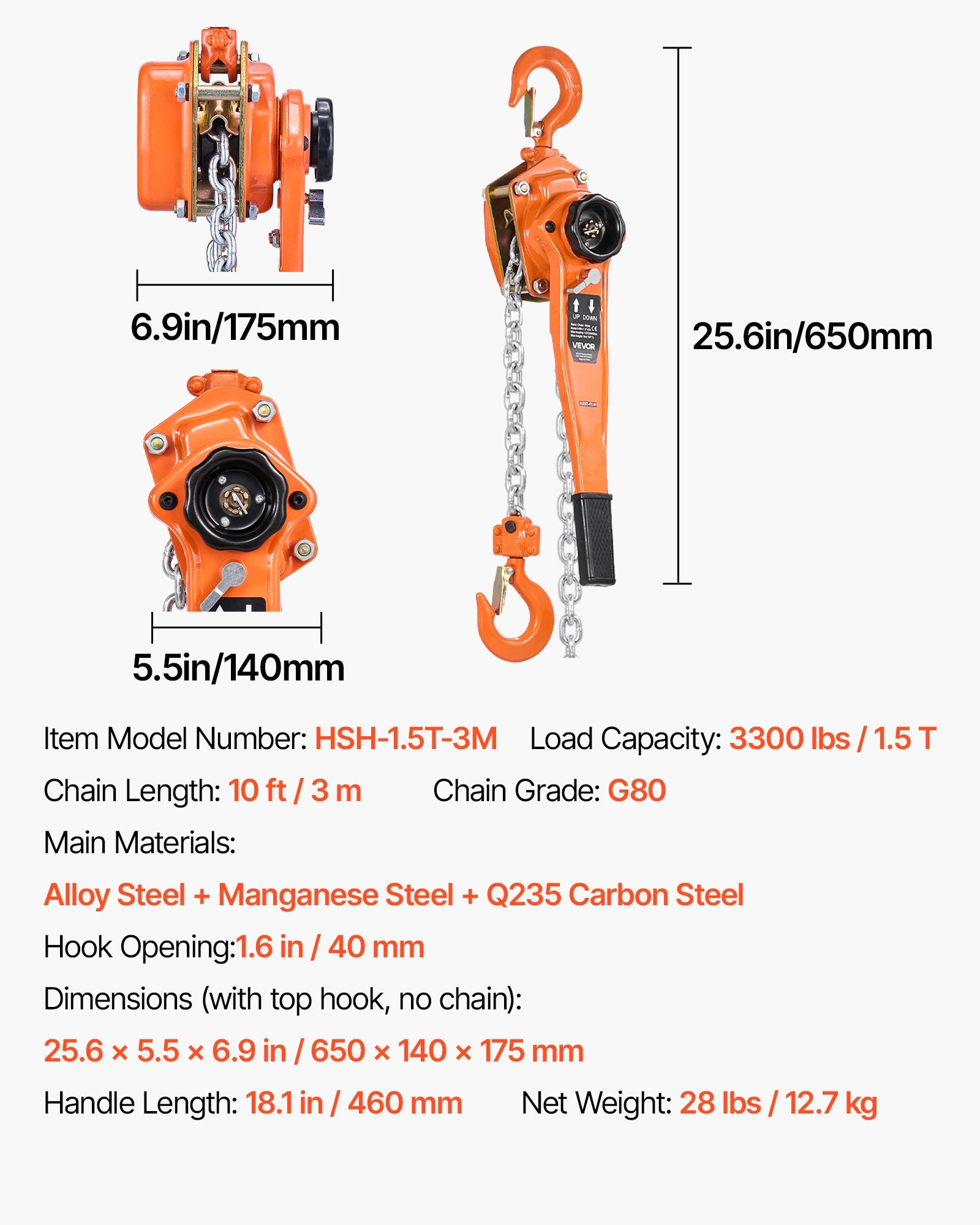Manual Lever Chain Hoist, 1-1/2T 1500KG Capacity Heavy Duty Come