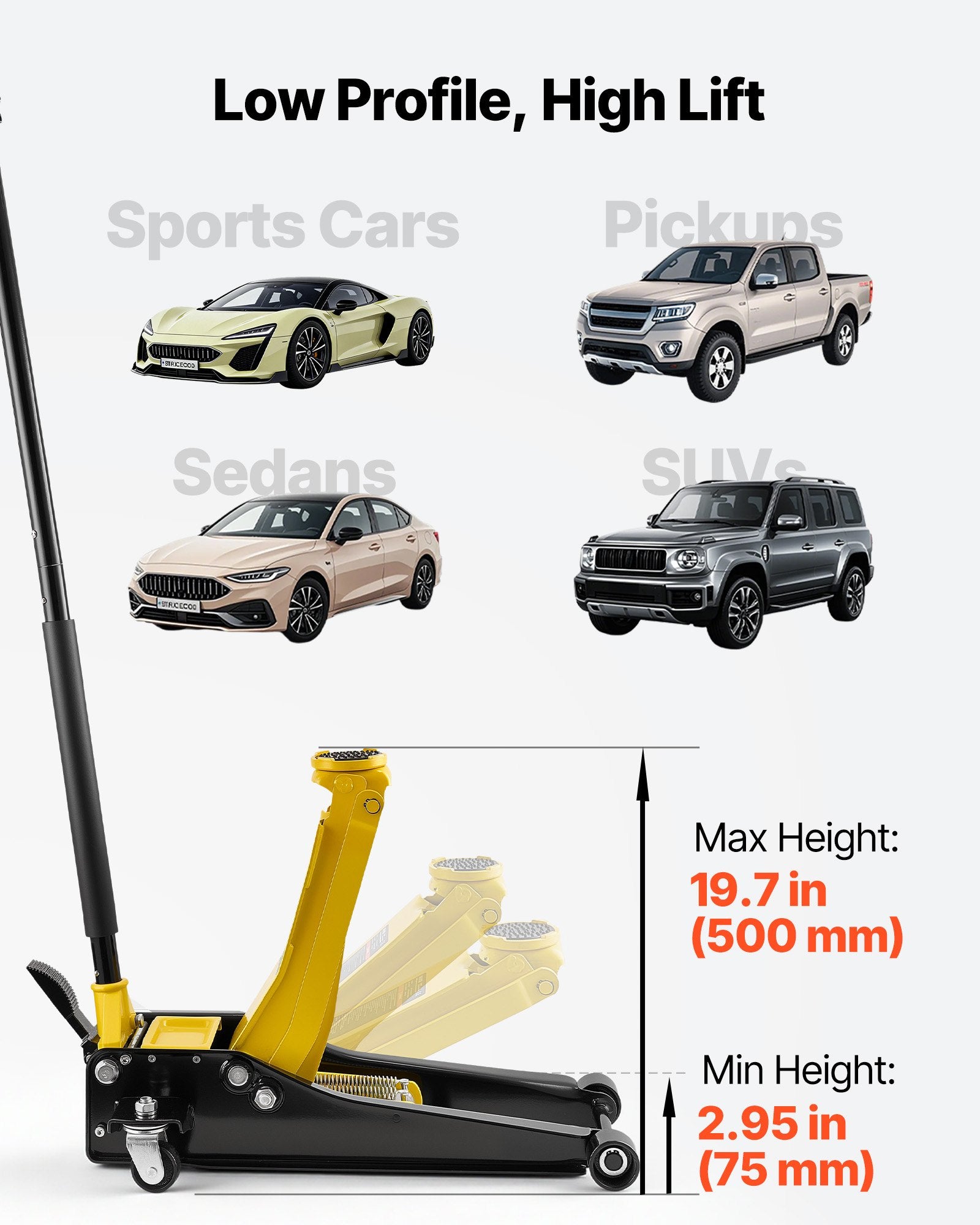 Low Profile Floor Jack, 3 Ton Capacity, Steel Racing Floor Jack with