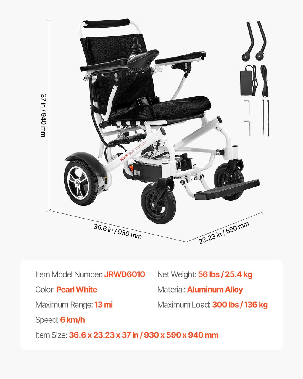 Electric Wheelchair for Adults, 136kg Capacity, Foldable & Lightweight