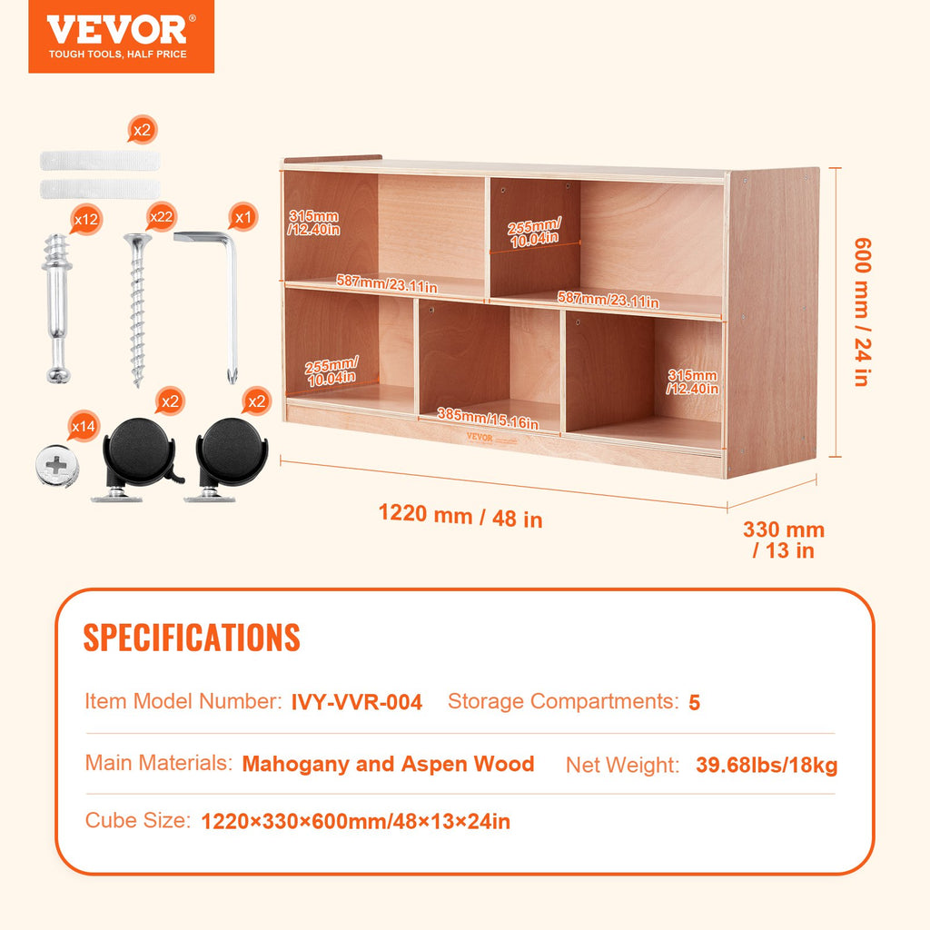 Cubby Mobile Tray Storage Cabinet, 5-Compartment Cubby Storage Shelf,