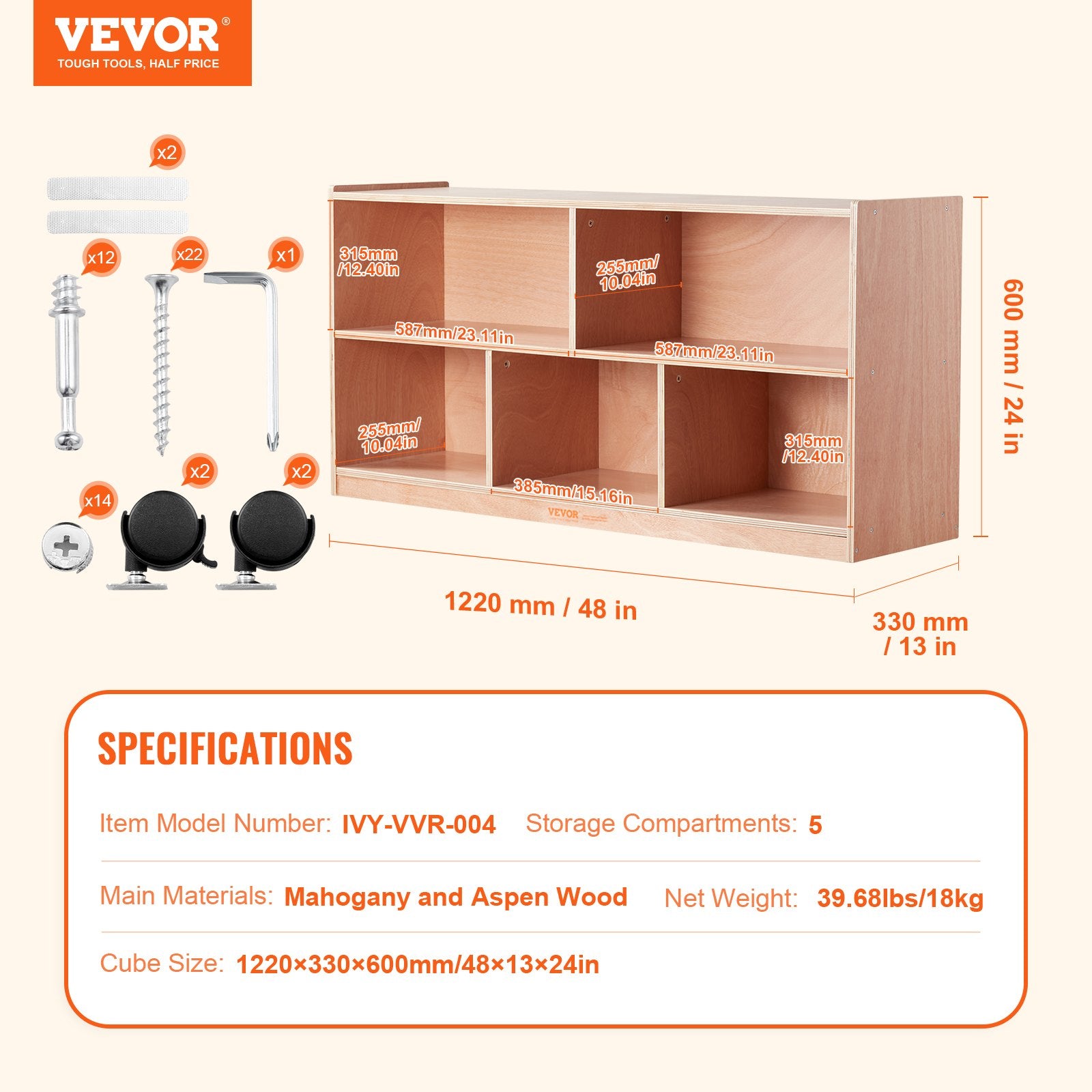 Cubby Mobile Tray Storage Cabinet, 5-Compartment Cubby Storage Shelf,