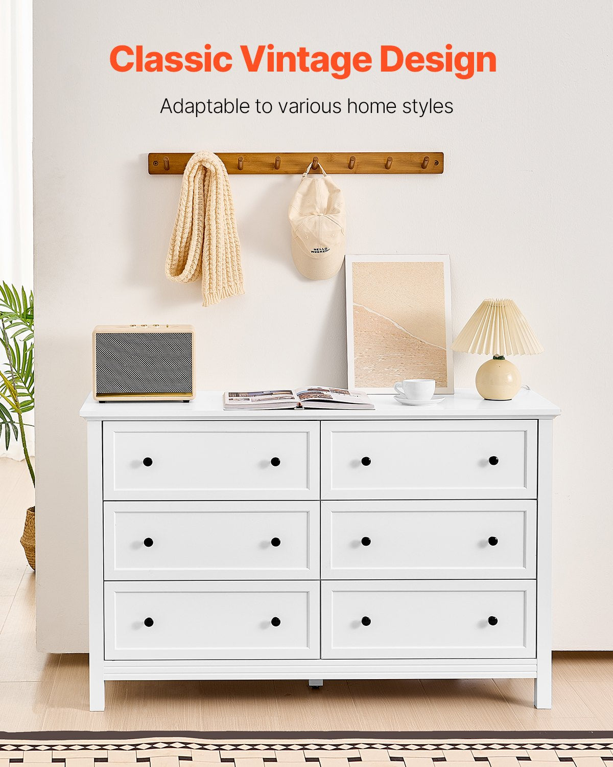 6 Drawer Dresser, Wooden Chest of Drawers with Sliding and Anti-tip
