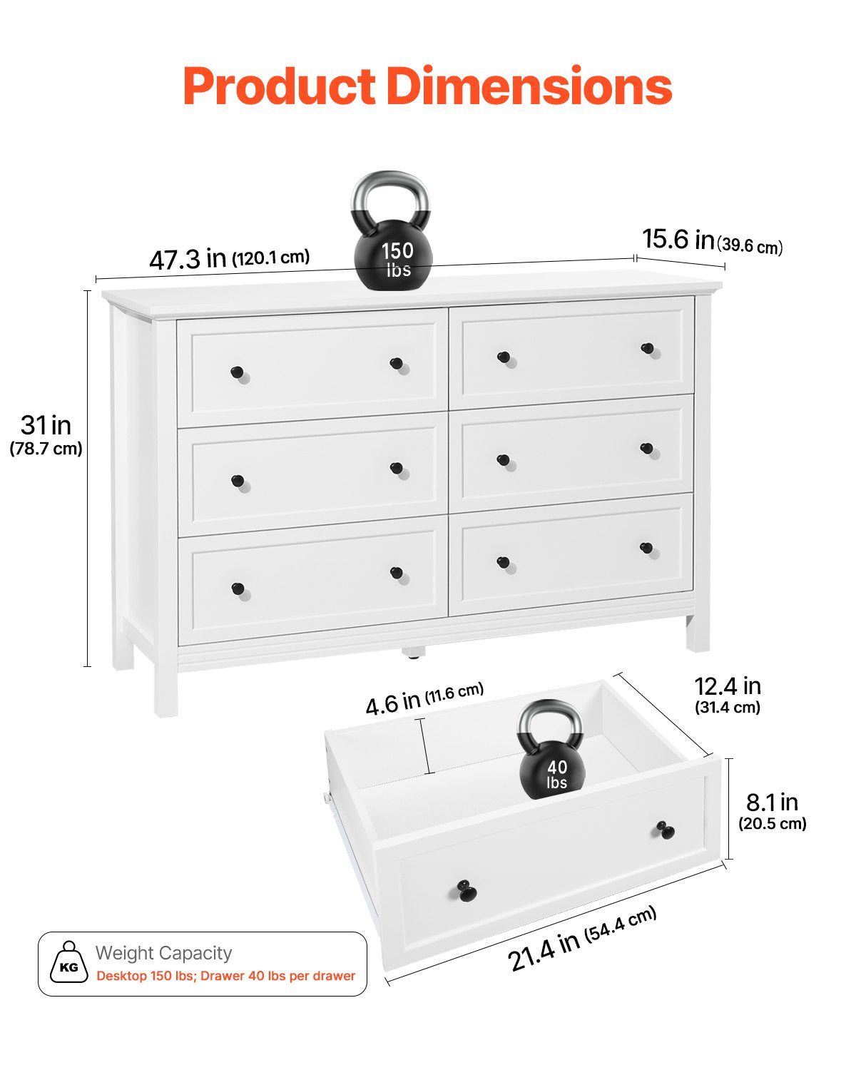 6 Drawer Dresser, Wooden Chest of Drawers with Sliding and Anti-tip