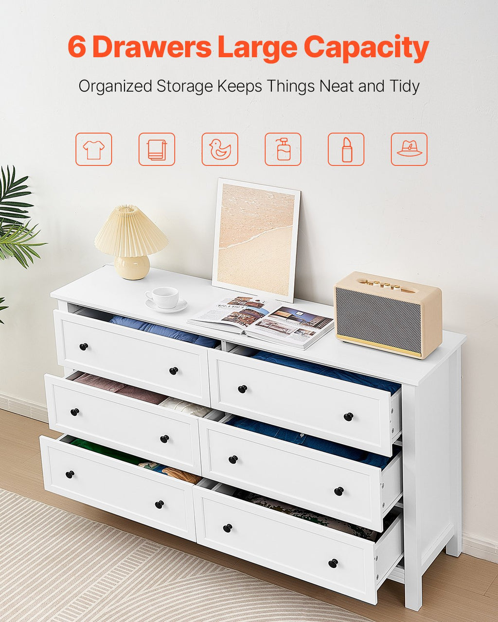 6 Drawer Dresser, Wooden Chest of Drawers with Sliding and Anti-tip