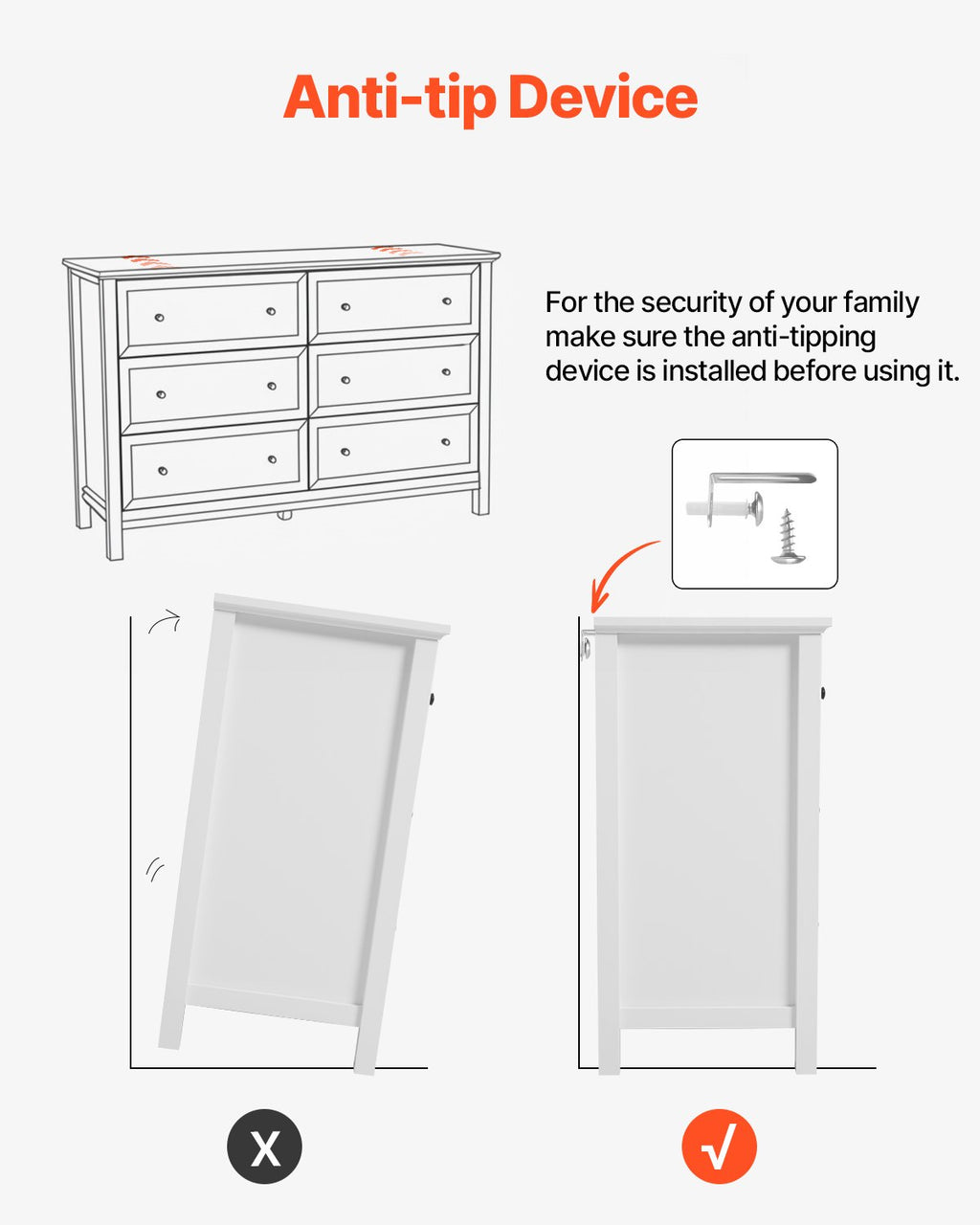 6 Drawer Dresser, Wooden Chest of Drawers with Sliding and Anti-tip