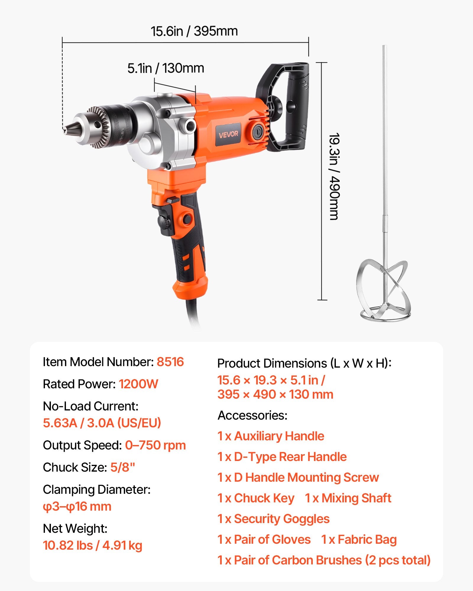 Drill Mixer, 15.89mm Corded Electric Drill Mixer Set, 0-750RPM 3A