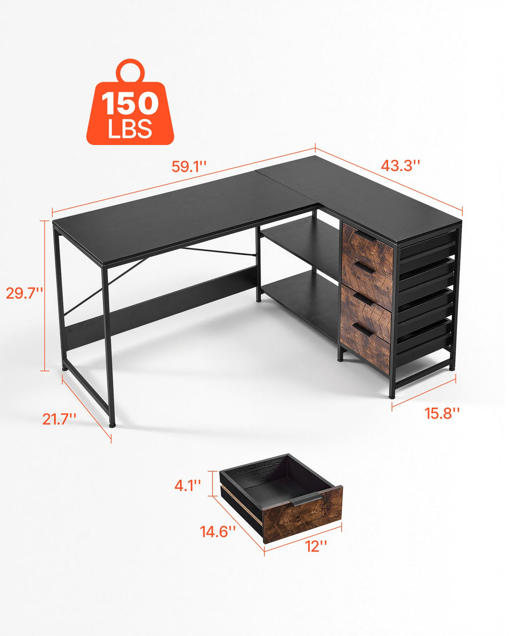 L-Shaped Computer Desk, 1.5m Reversible Corner Gaming Desk with