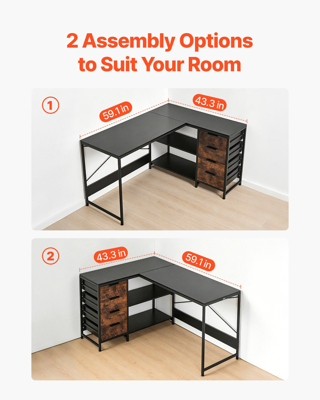 L-Shaped Computer Desk, 1.5m Reversible Corner Gaming Desk with