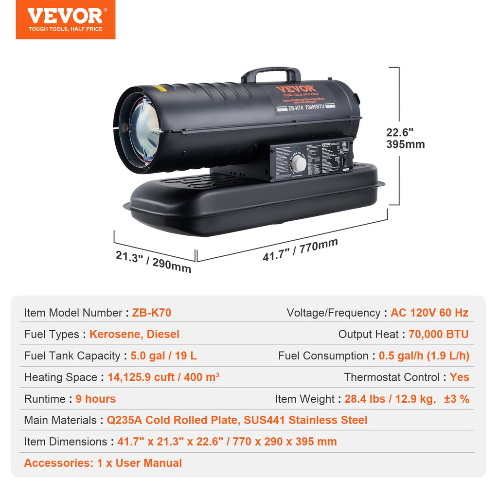 Kerosene/Diesel Forced Air Heater, 70000Btu Torpedo Space Heater,