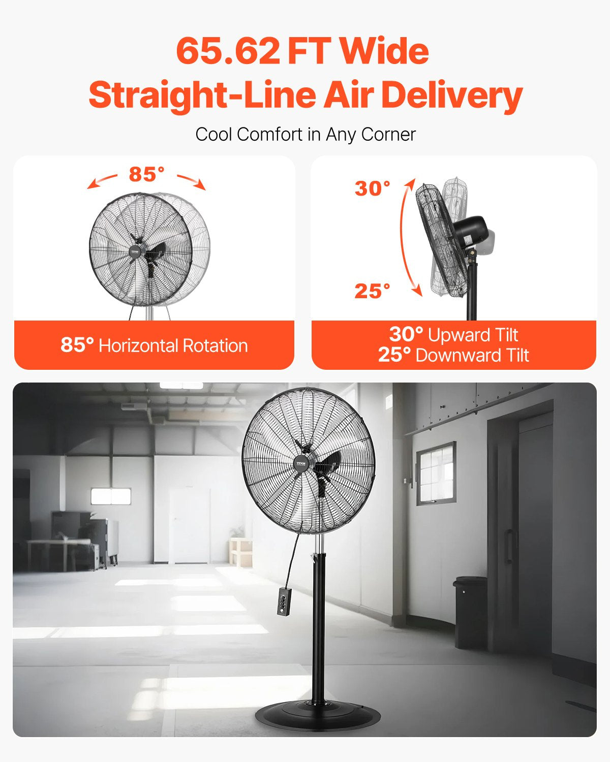 Industrial Pedestal Fan, 24 Inch 85-Degree Oscillating Fan, Height