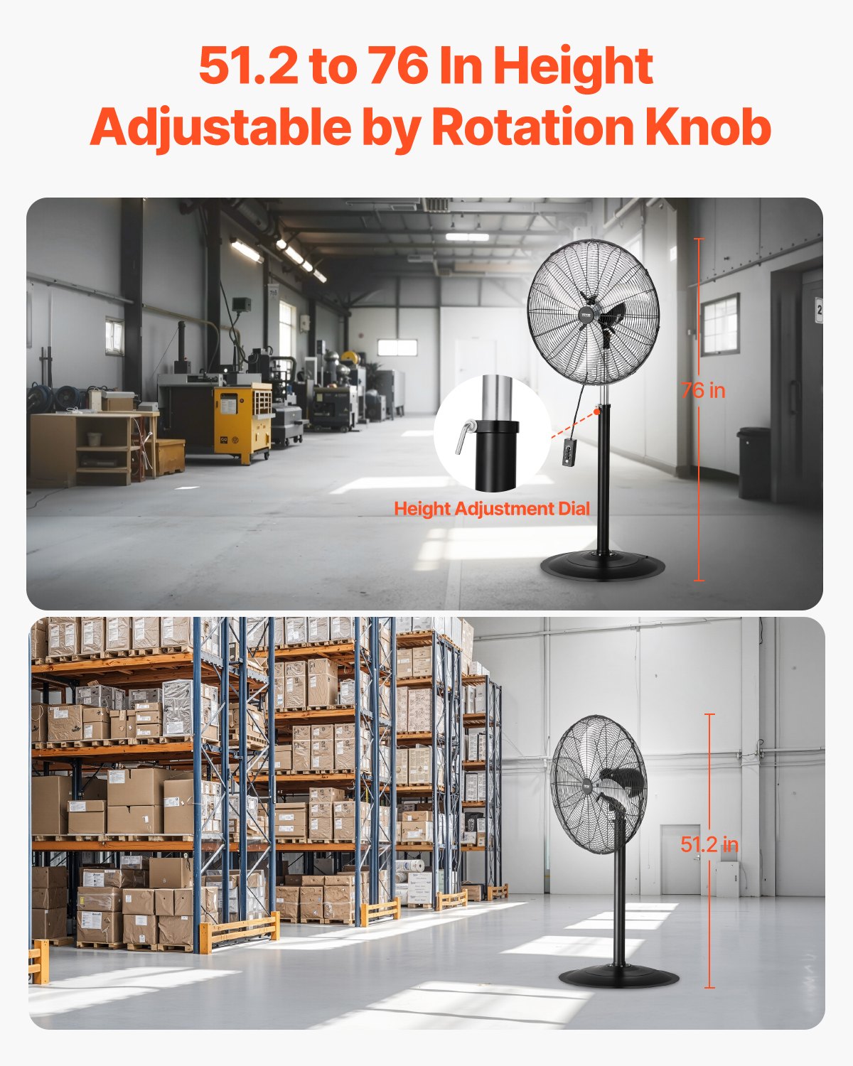 Industrial Pedestal Fan, 24 Inch 85-Degree Oscillating Fan, Height