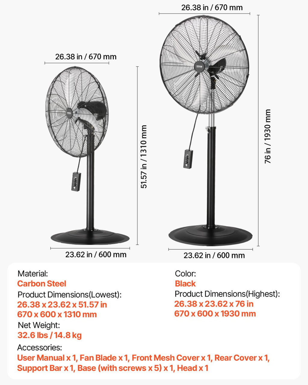 Industrial Pedestal Fan, 24 Inch 85-Degree Oscillating Fan, Height