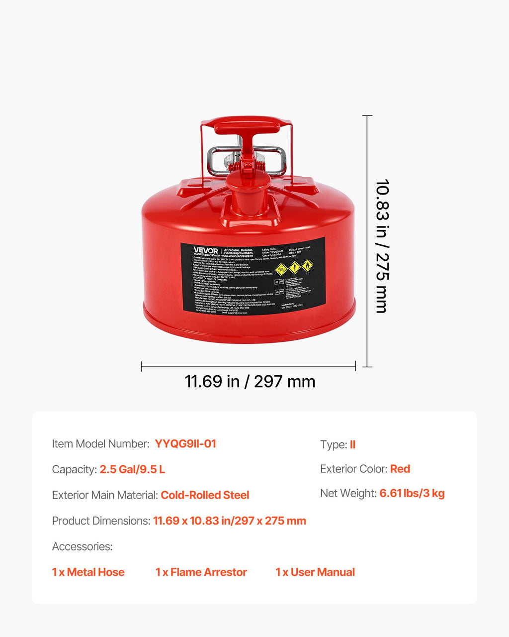 Safety Gas Can, 9.5 L Type II Red Safety Can for Gasoline with