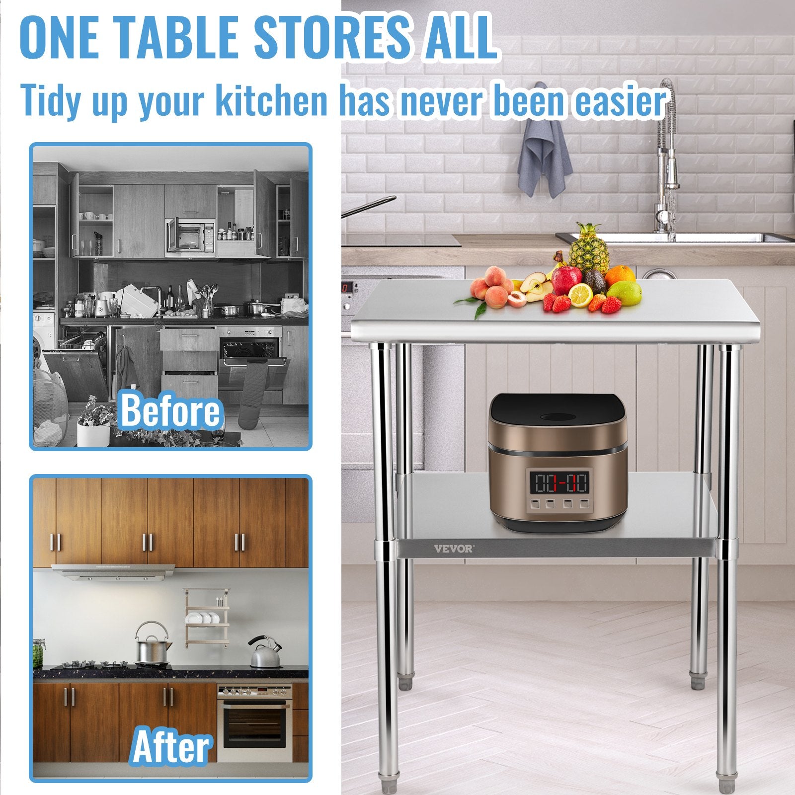 Stainless Steel Prep Table, 30 x 30 x 36 Inch, 800lbs Load Capacity