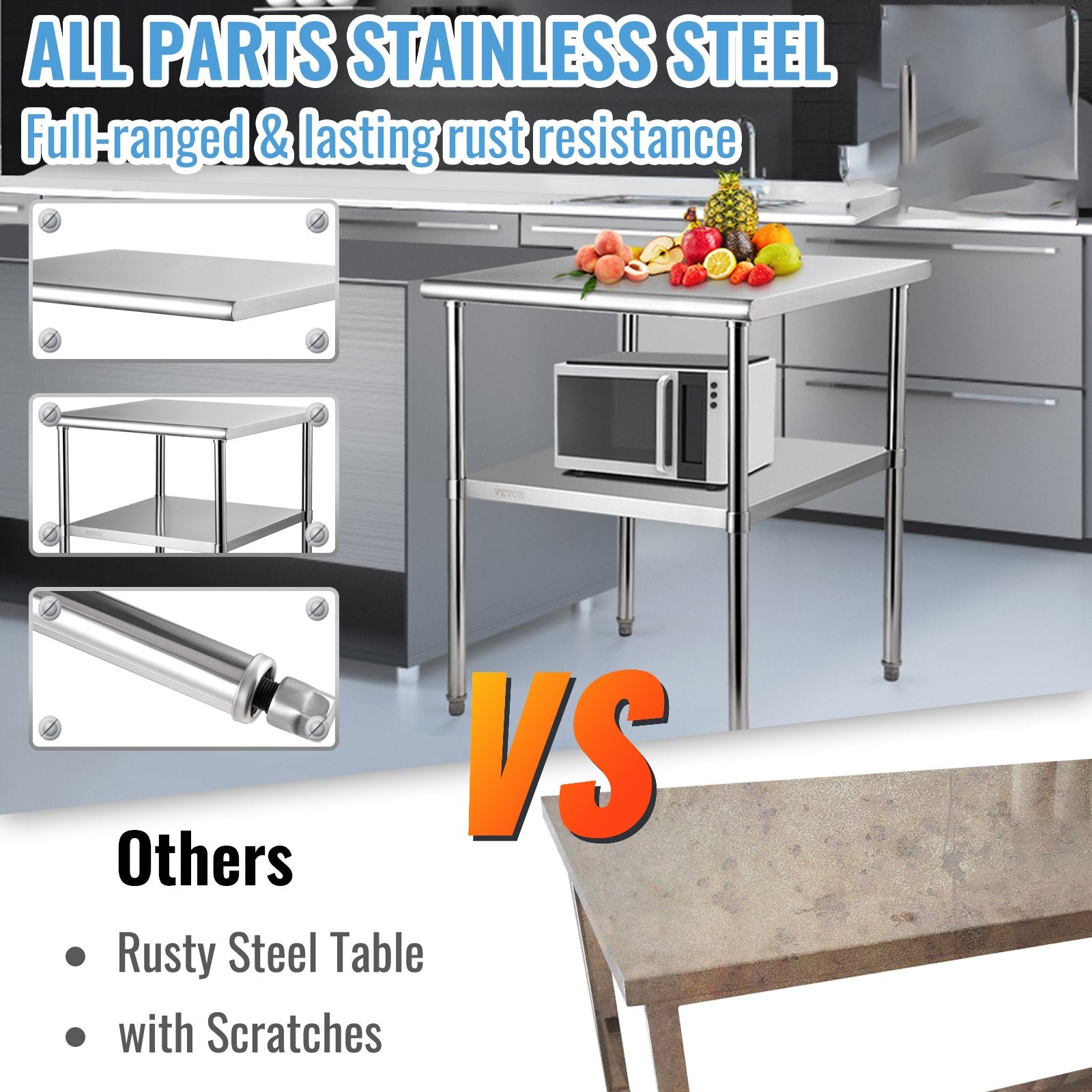 Stainless Steel Prep Table, 30 x 30 x 36 Inch, 800lbs Load Capacity