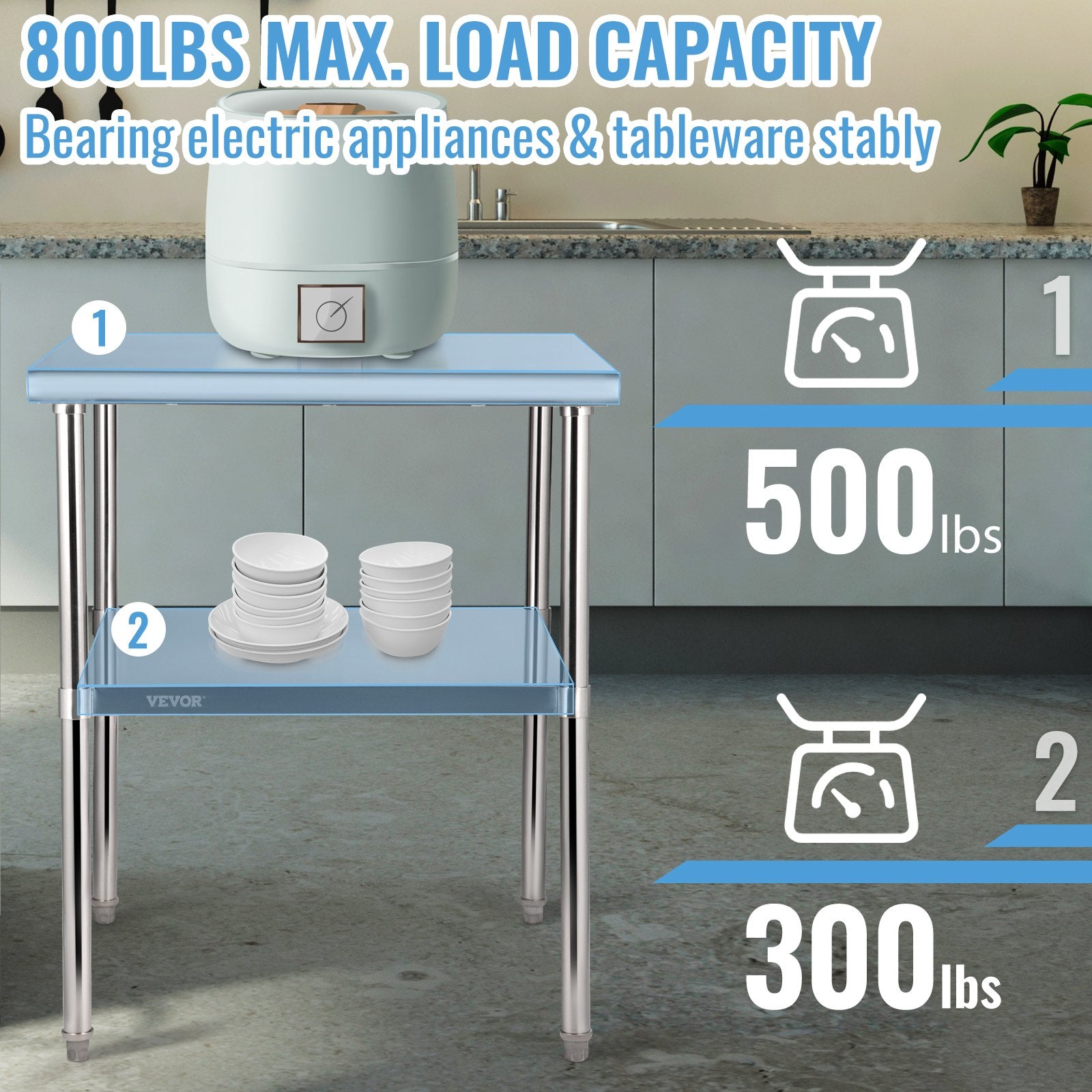 Stainless Steel Prep Table, 30 x 30 x 36 Inch, 800lbs Load Capacity