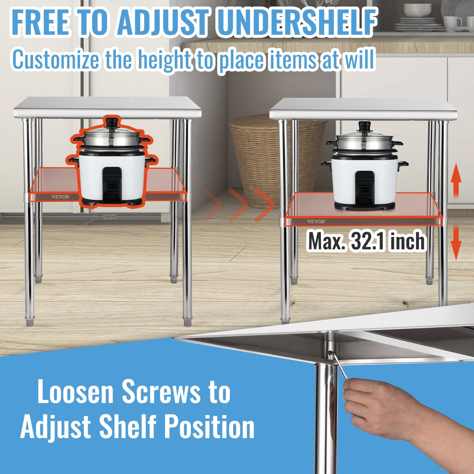 Stainless Steel Prep Table, 30 x 30 x 36 Inch, 800lbs Load Capacity