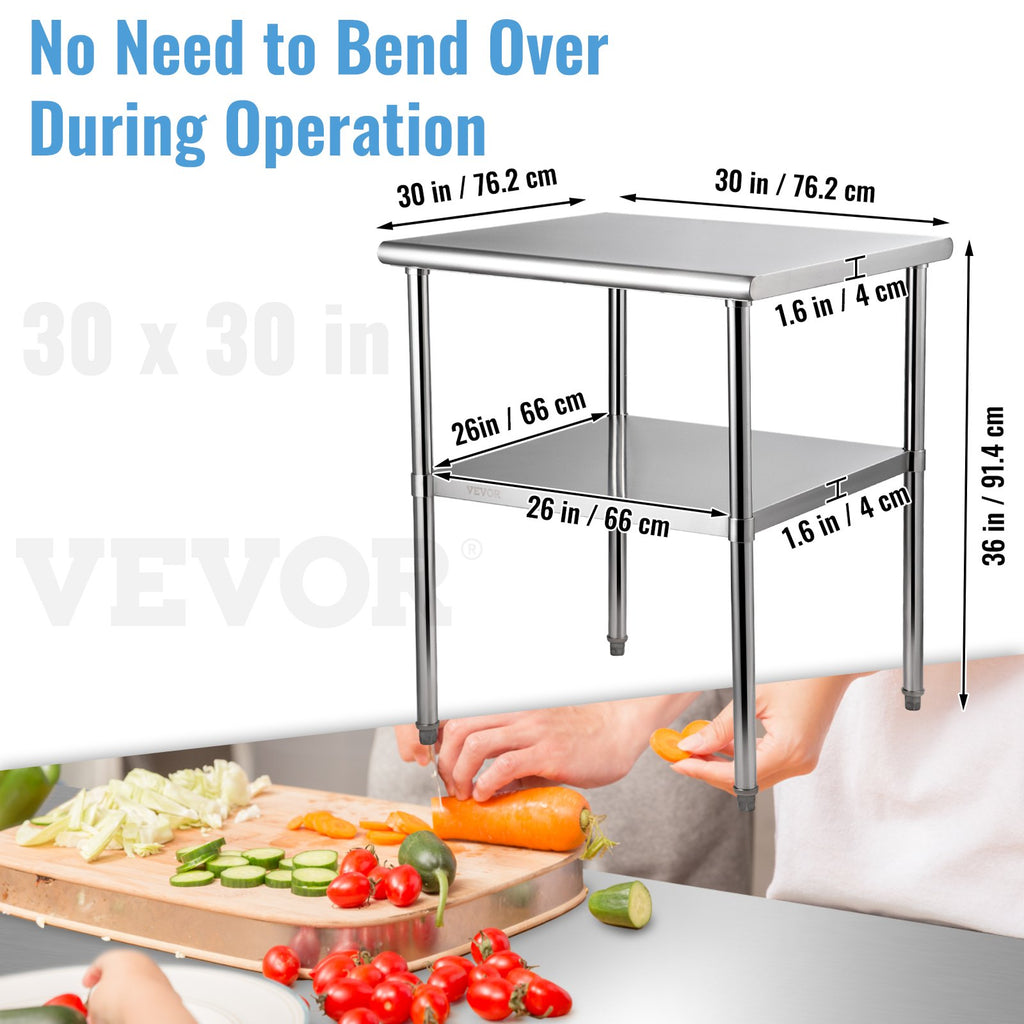 Stainless Steel Prep Table, 30 x 30 x 36 Inch, 800lbs Load Capacity