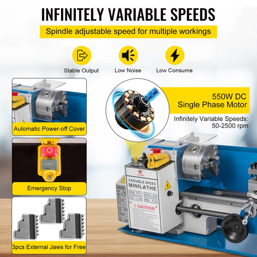 Mini Metal Lathe 550W Variable Speed Metal Lathe 50 to 2500Rpm