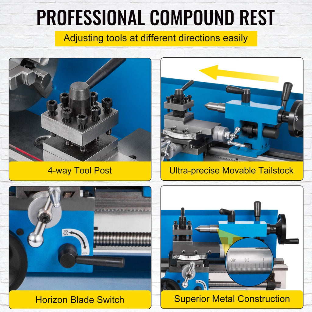 Mini Metal Lathe 550W Variable Speed Metal Lathe 50 to 2500Rpm