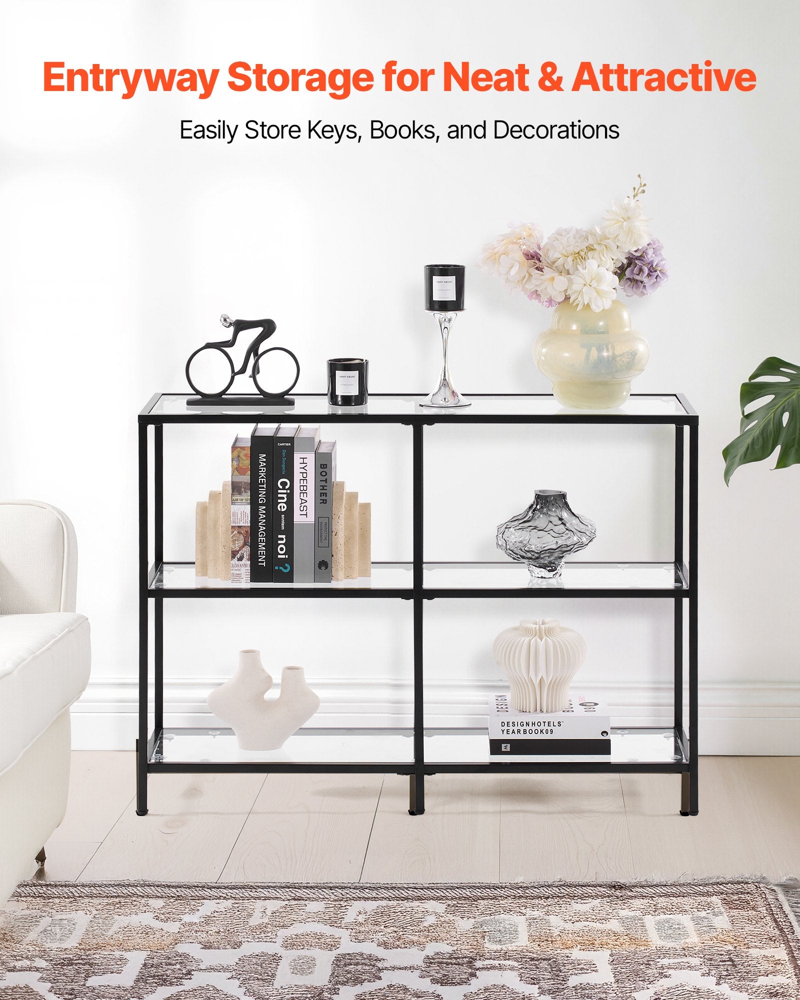 3-Tier Glass Console Table, Modern Rectangle Sofa Side Table with