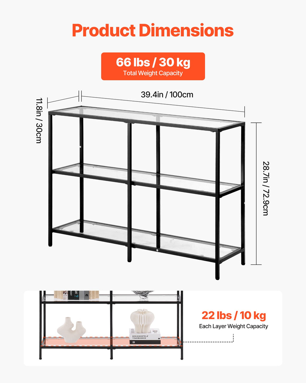 3-Tier Glass Console Table, Modern Rectangle Sofa Side Table with