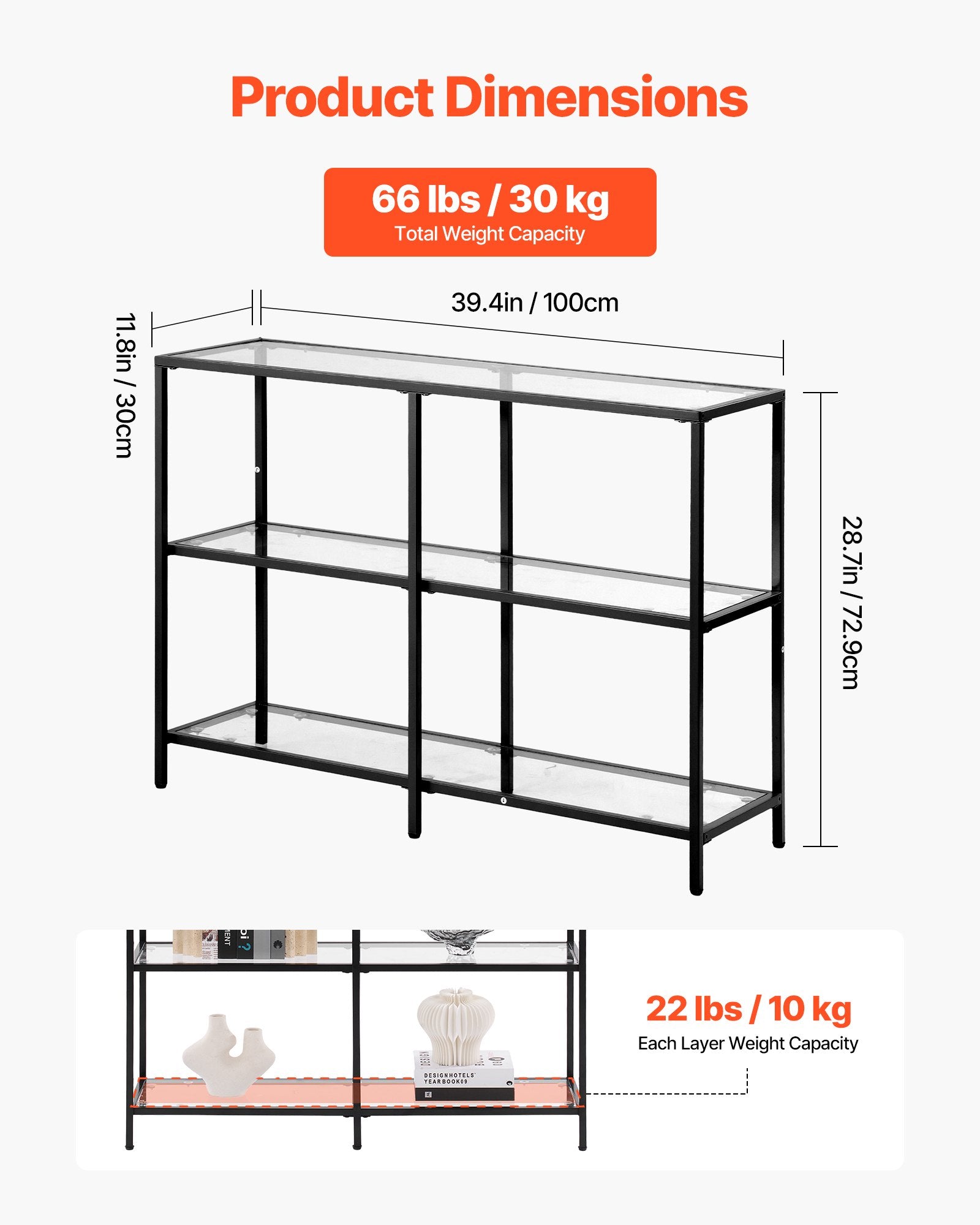 3-Tier Glass Console Table, Modern Rectangle Sofa Side Table with