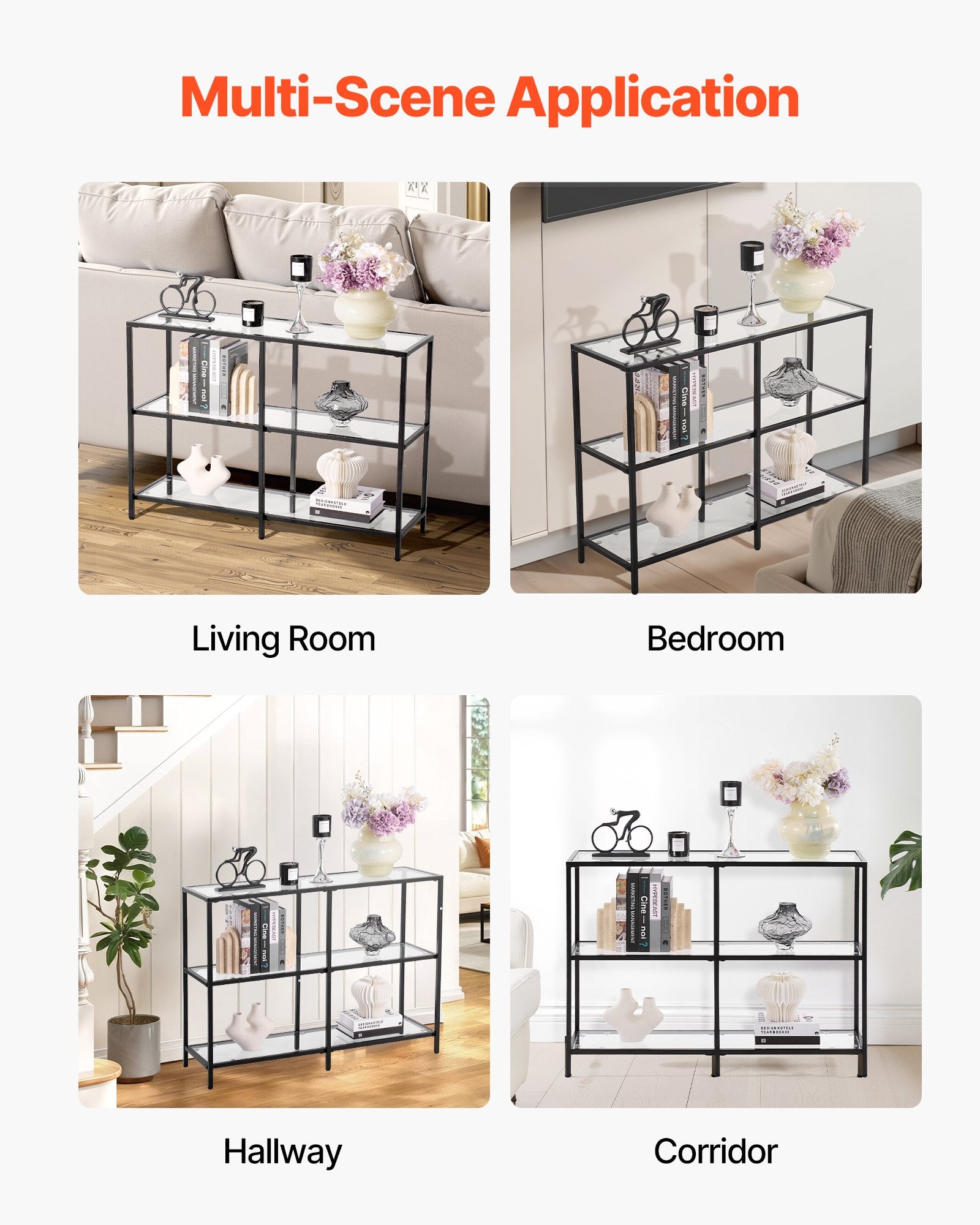 3-Tier Glass Console Table, Modern Rectangle Sofa Side Table with